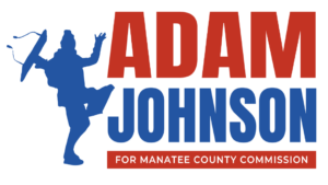 A red, white, and blue campaign logo, showing the outline of a man holding a lectern.