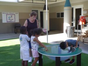 A woman and three children look at something on a playground set